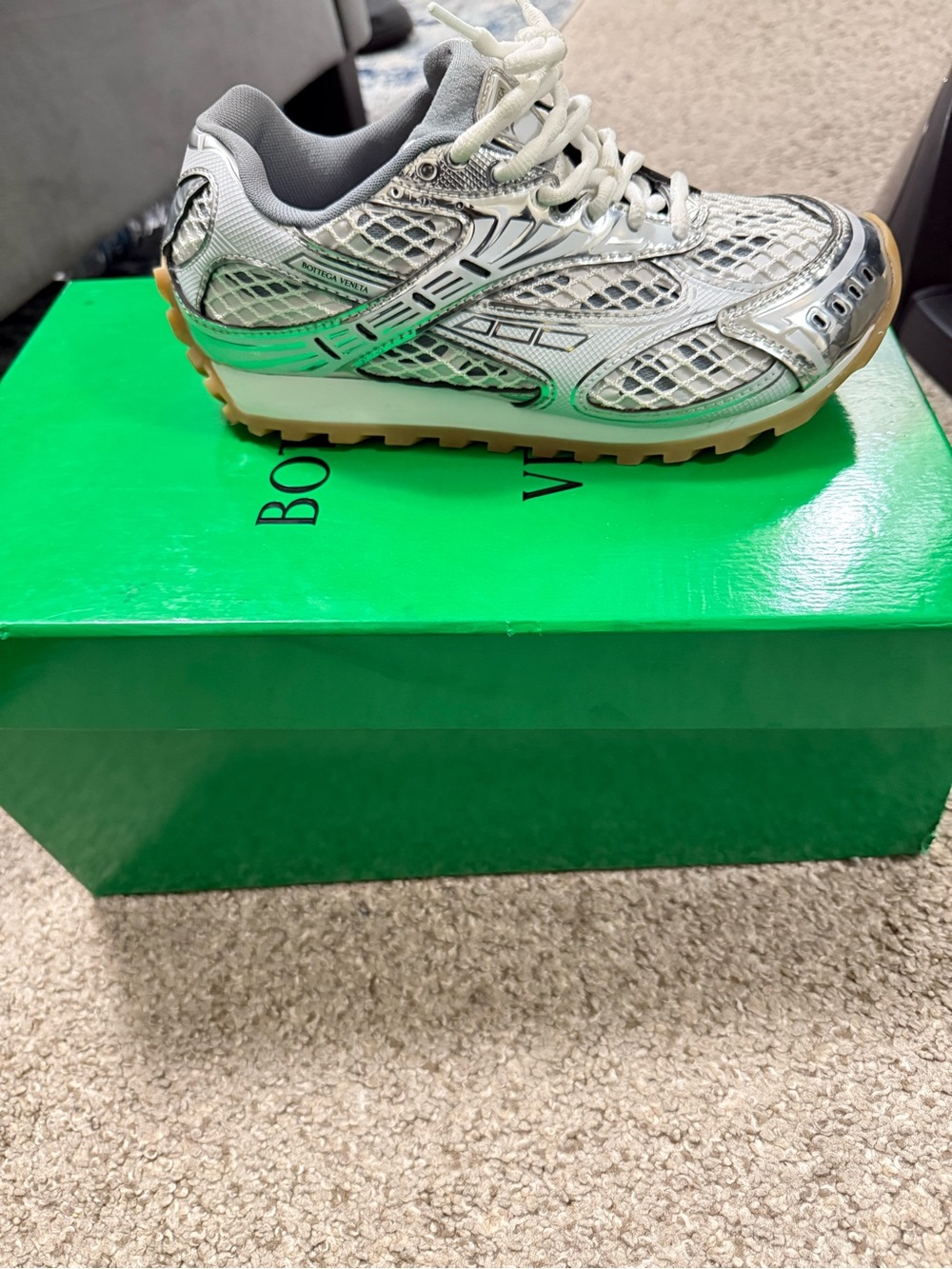 Bottega Veneta Silver Mesh Runner Sneaker with Gum Sole, Size 37c